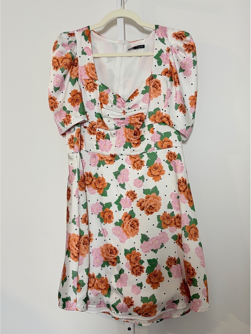 Zara Women's Floral Puff Sleeve Dress, Size Large, Made in Turkey